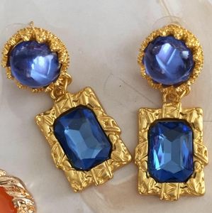 New cabochon blue brutalist pierce dangle Earrings gold tone